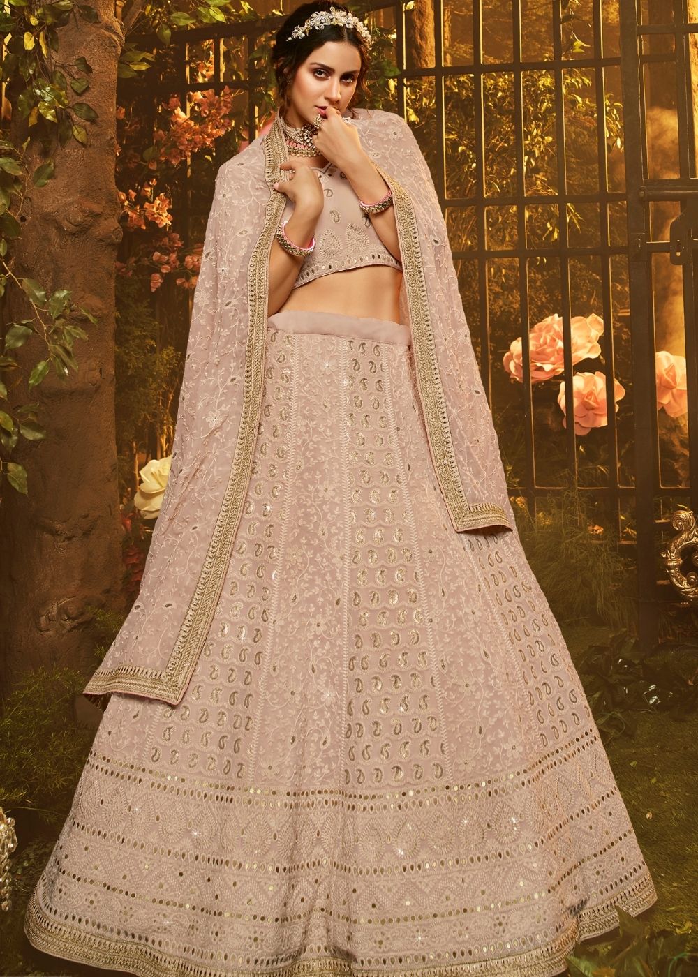 Light Brown Georgette Lehenga Choli with Thread, Gota, Sequin and Dori work(Pre-Order)