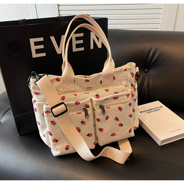 Women's Corduroy Cherry Print Tote Bag – Versatile Women's Strawberry Shoulder & Crossbody Large Capacity Mommy Bag
