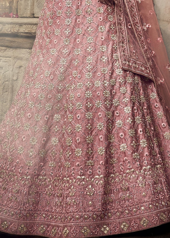 Salmon Pink Satin Lehenga Choli with Gota, Thread, Zarkan and Zari work