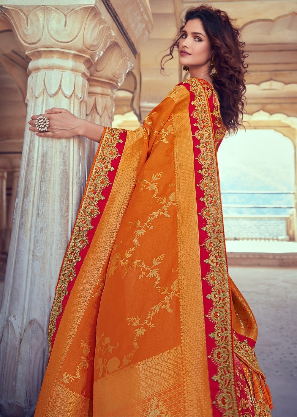 Daisy White & Orange Banarasi Silk Lehenga Choli with Khatli work Embroidery | Ready To Wear - qivii