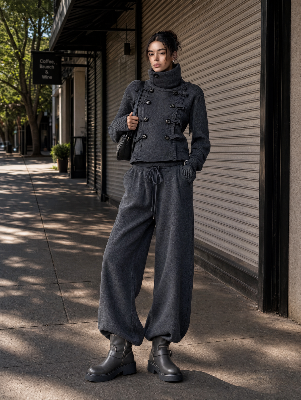 Women's High‑Collar Knit Military‑Style Cropped Jacket & Harem Wide‑Leg Pants Set MDZ0804I3R