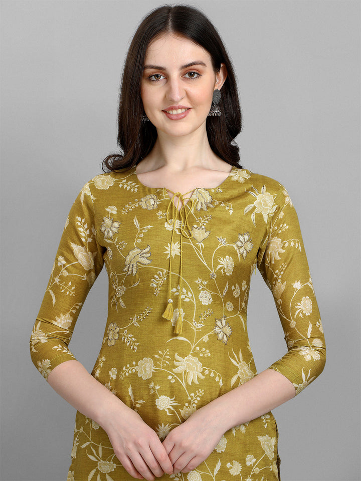 Olive Green Printed Kurta Suit Set by Qivii