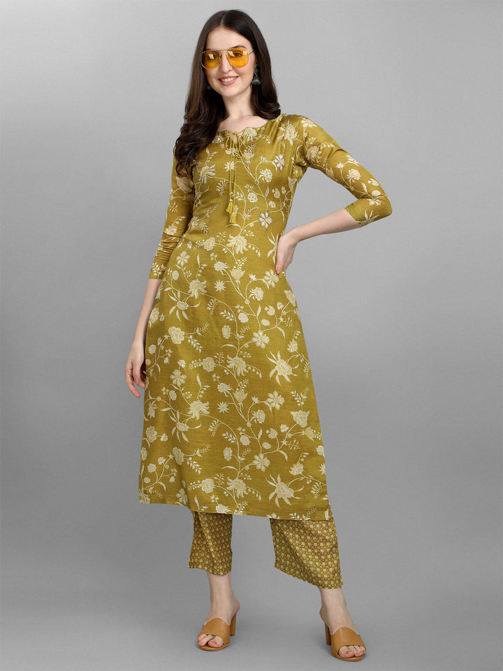 Olive Green Printed Kurta Suit Set by Qivii