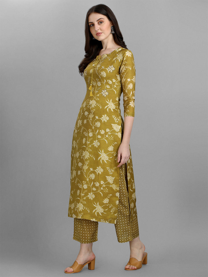 Olive Green Printed Kurta Suit Set by Qivii