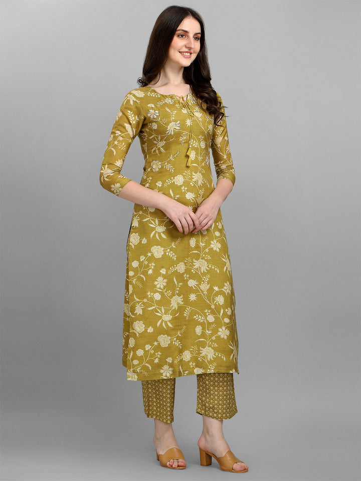 Olive Green Printed Kurta Suit Set by Qivii