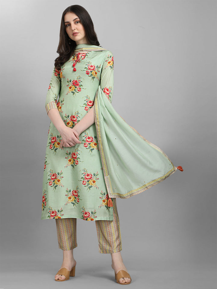 Pista Green Printed Kurta Suit Set by Qivii