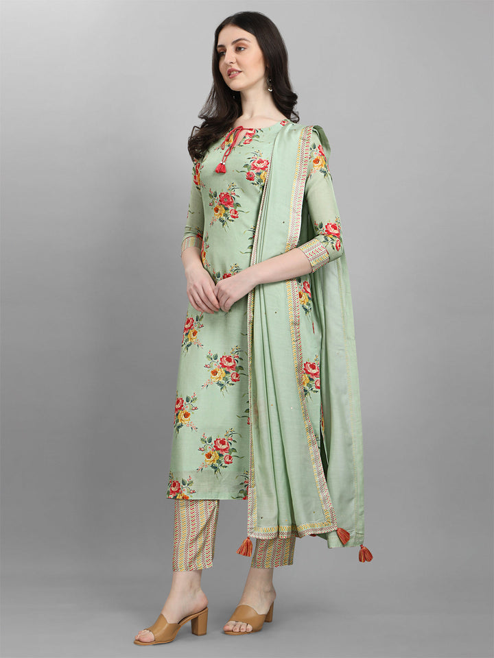 Pista Green Printed Kurta Suit Set by Qivii