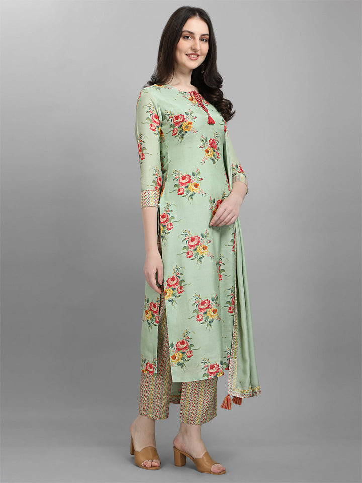 Pista Green Printed Kurta Suit Set by Qivii