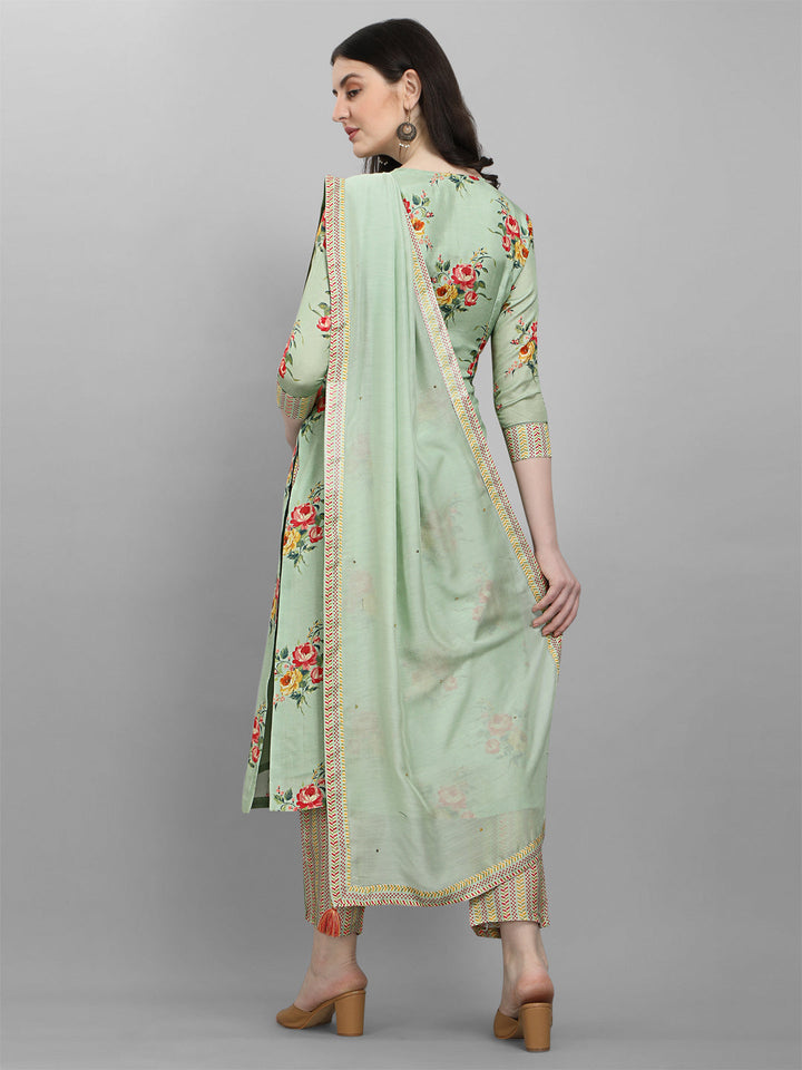 Pista Green Printed Kurta Suit Set by Qivii