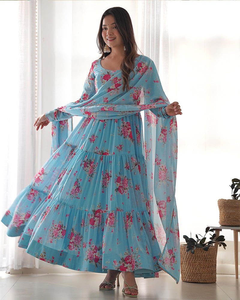 Sky blue georgette anarkali suit with ruffle details and intricate embroidery