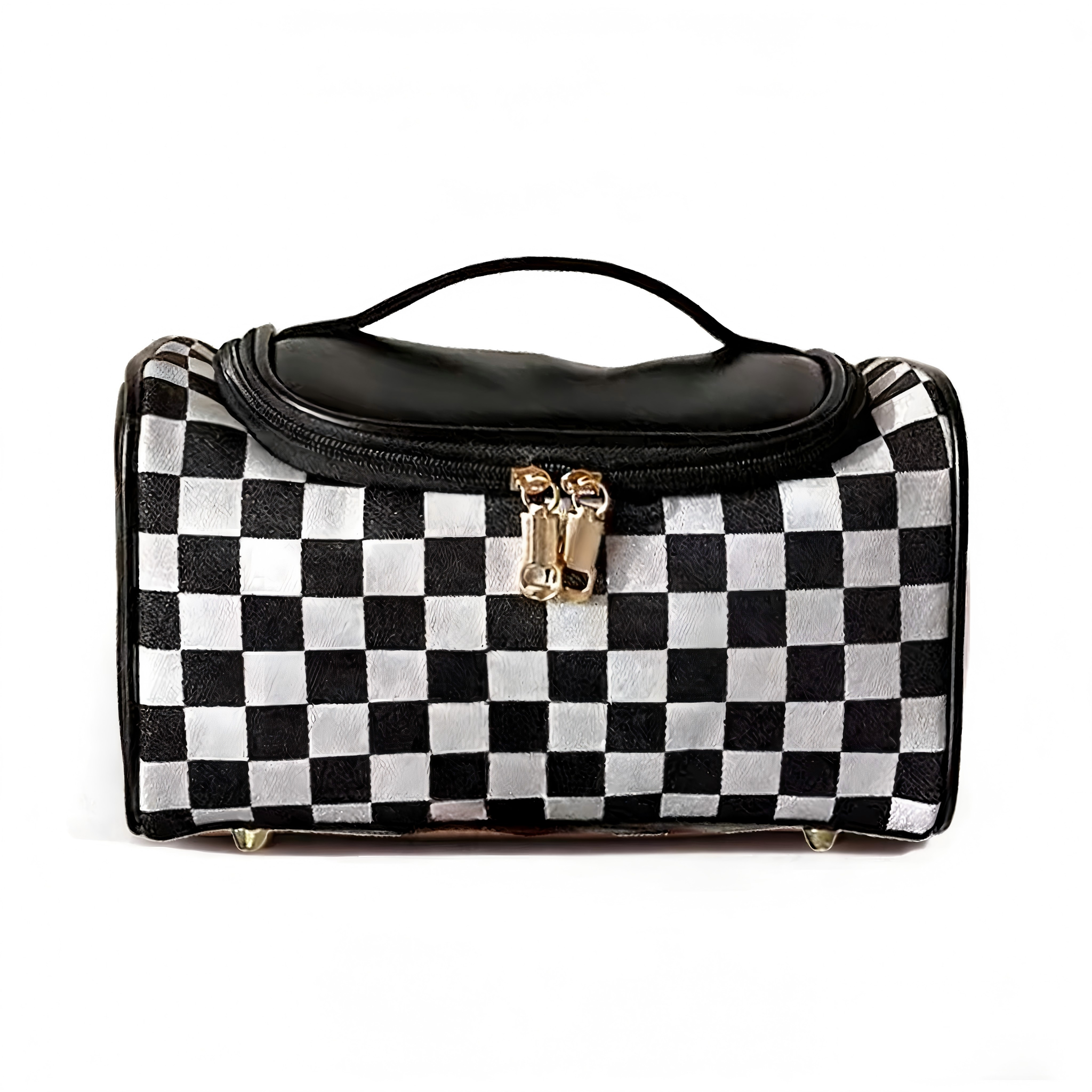 Ounamei Checkered Makeup Bag for Women | Canvas & PU Leather Large Capacity Cosmetic Organizer for Travel