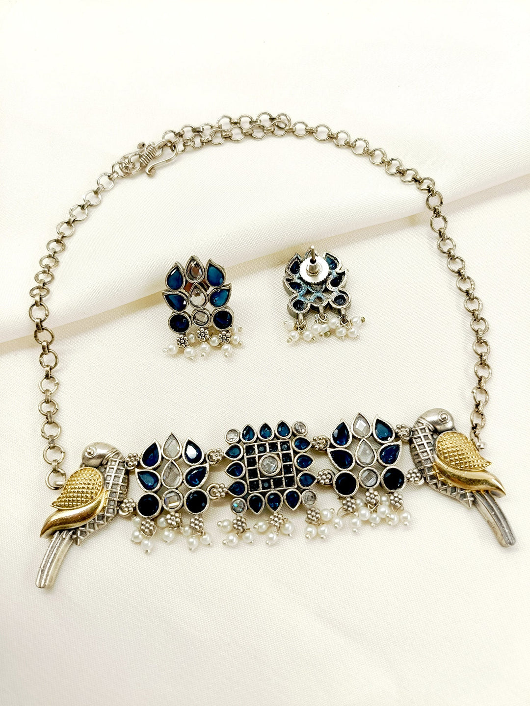 Graciya Navy Blue Peacock Oxidized Choker Set