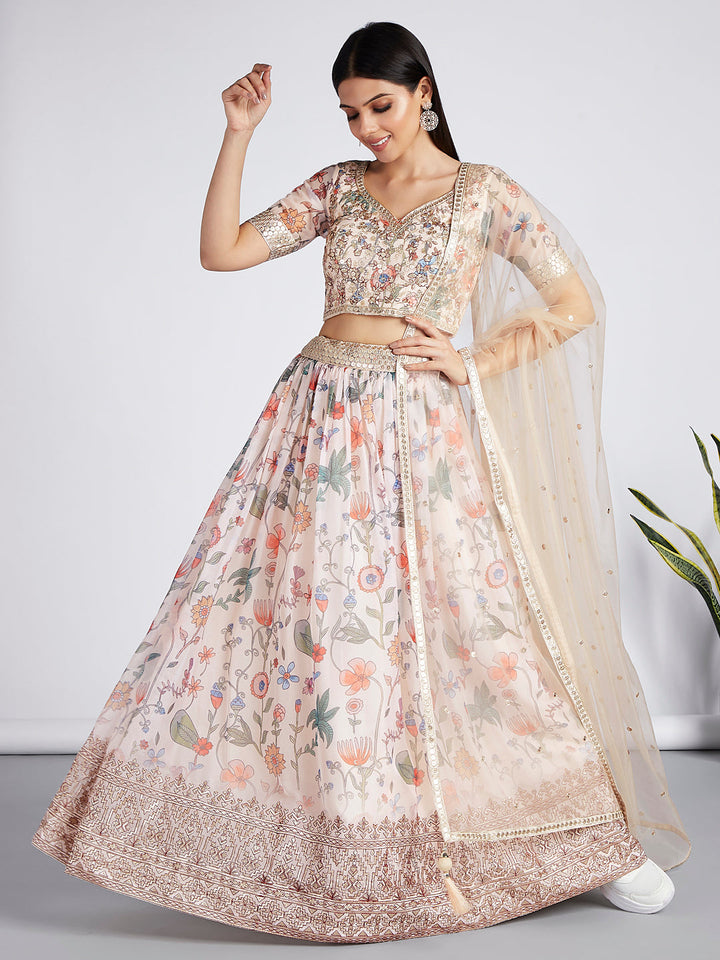 Cream Organza Floral Digital Print Stitched Lehenga choli - qivii