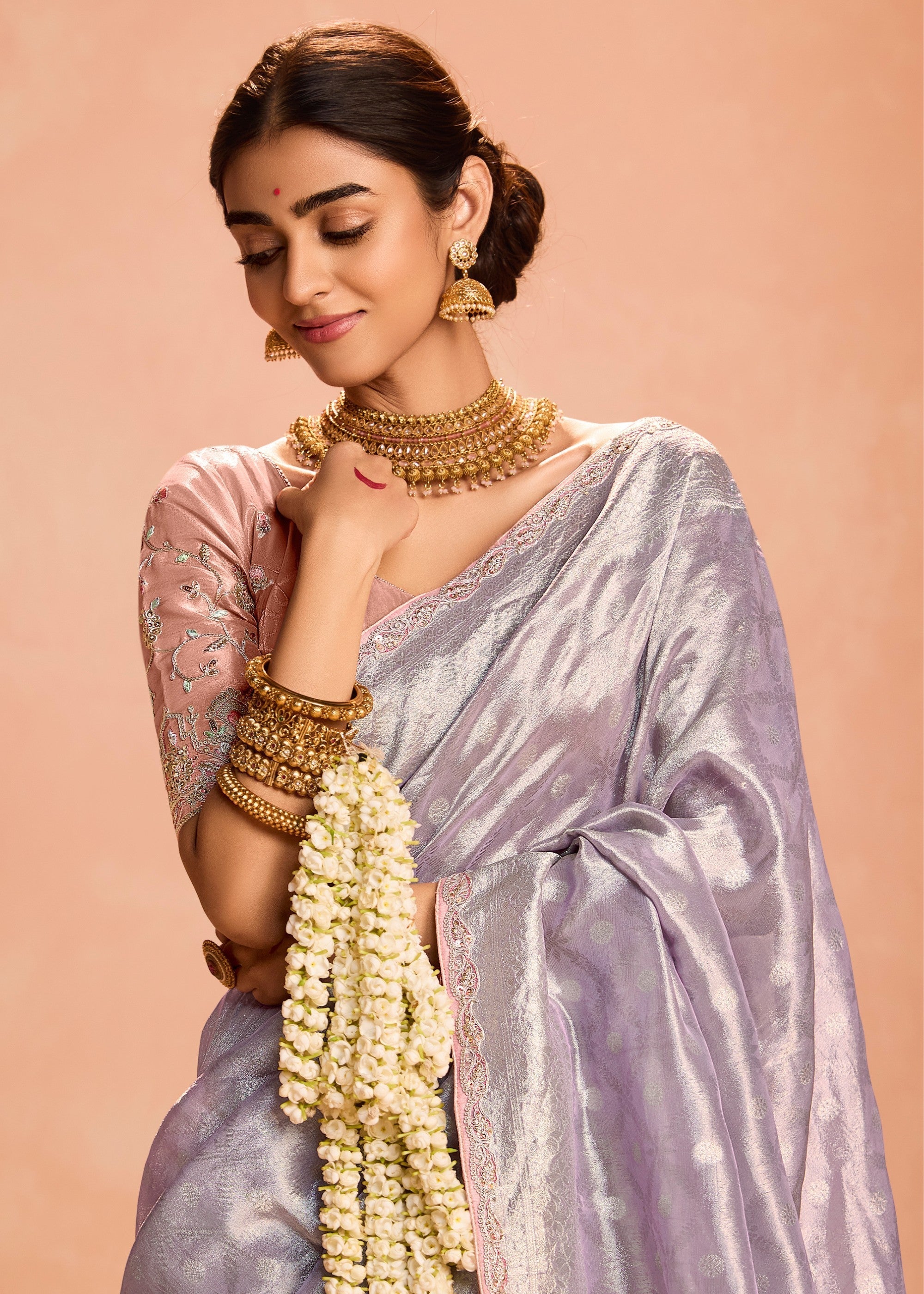 Periwinkle Purple Zari Tissue Silk Saree With Weaving Work And Heavy Embroidery Lace - qivii