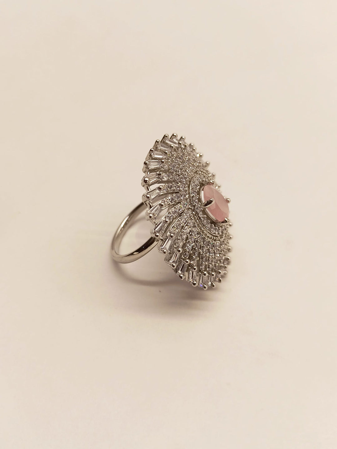 Beautiful Nilam Round Baby Pink Silver Ring with intricate detailing