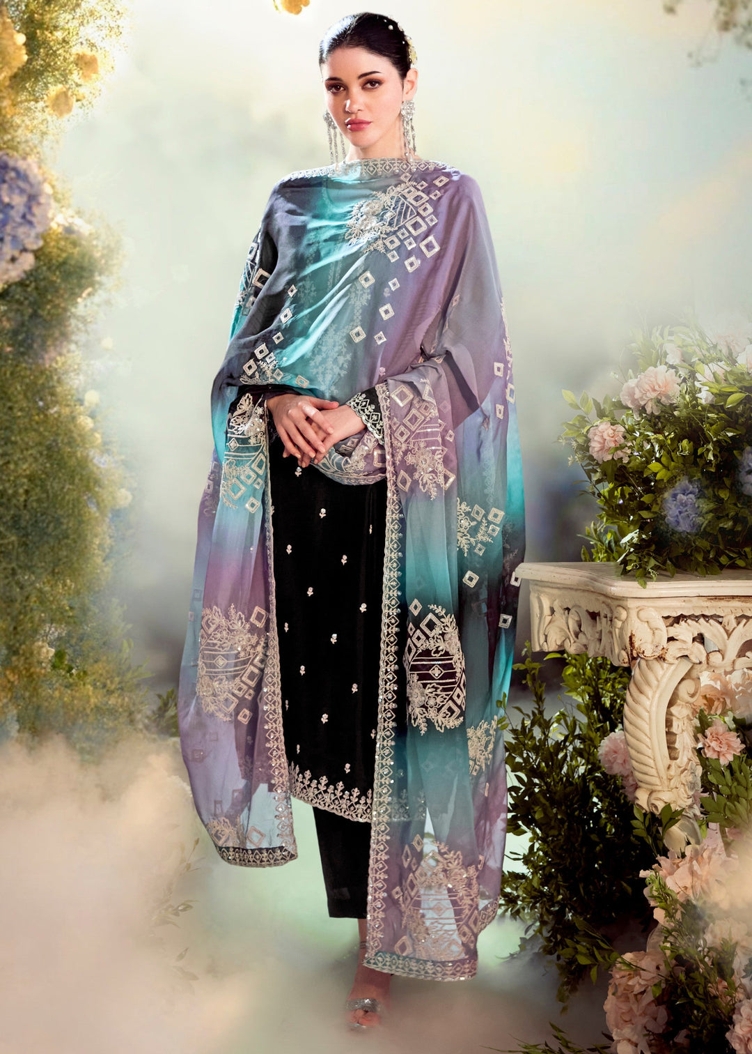 Elegant Black Modale Silk Salwar Suit With Embroidery featuring a beautifully embroidered dupatta