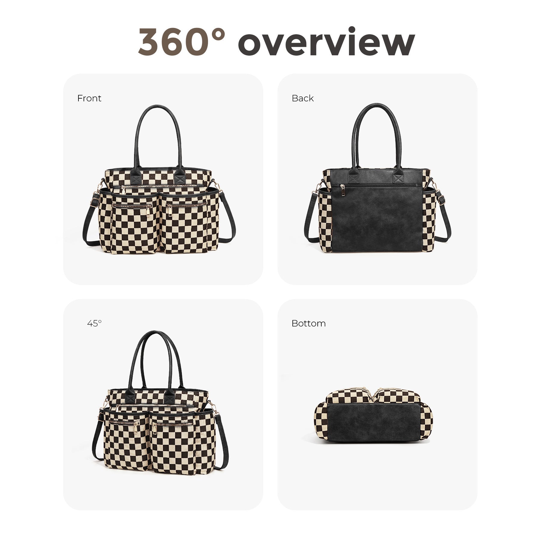 Ounamei Large Checkered Tote Bag for Women | Multi-Pocket Crossbody Shoulder Handbag for Work & Daily Use