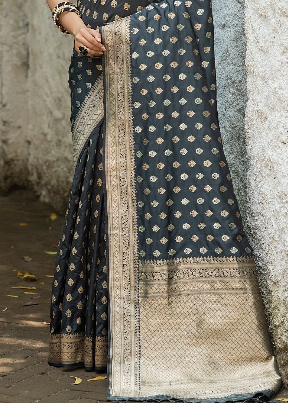 Anchor Grey Soft Banarasi Silk Saree with overall Butti - qivii