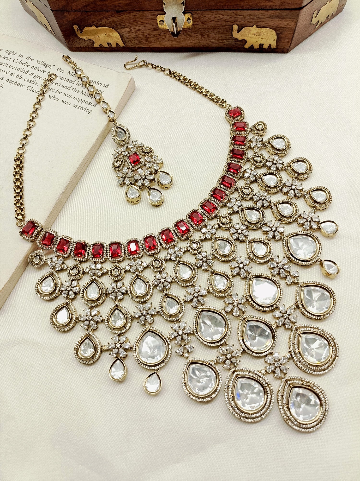 Laksh Maroon Diamond Polki Necklace Set - qivii