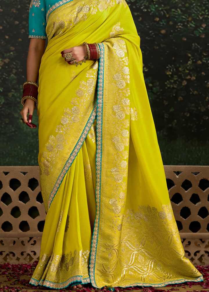 Lime-Yellow and Turquoise Viscose silk Saree with Zari work