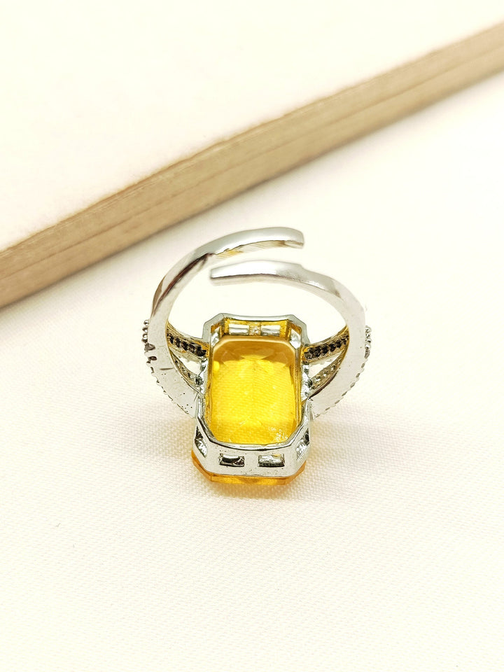 Beautiful Lucy Yellow American Diamond Finger Ring with intricate details