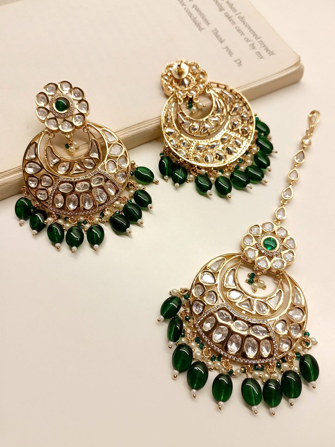 Farisha Green Kundan Earrings With Teeka