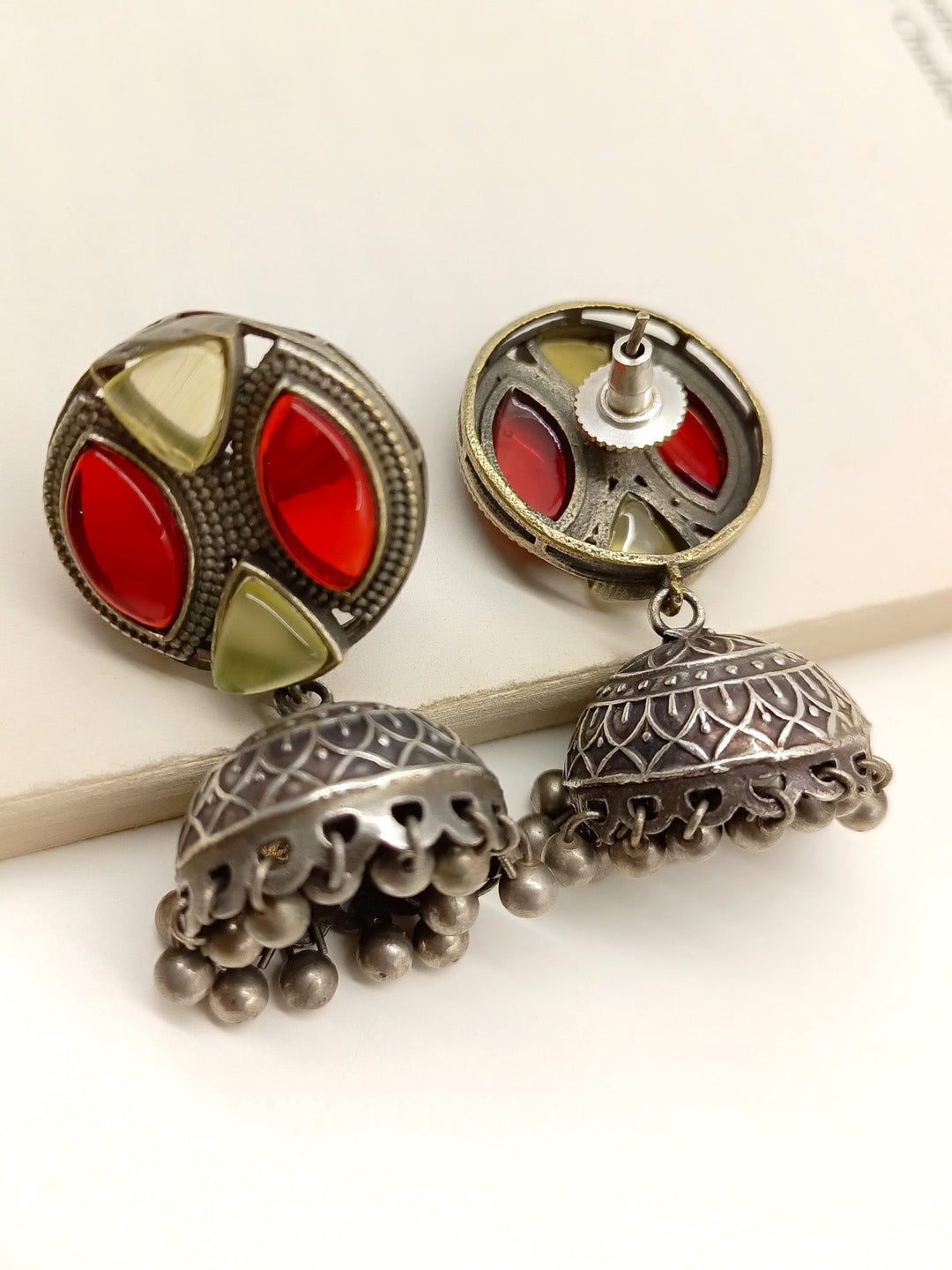 Mugdha Red & Yellow Oxidized Jhumki