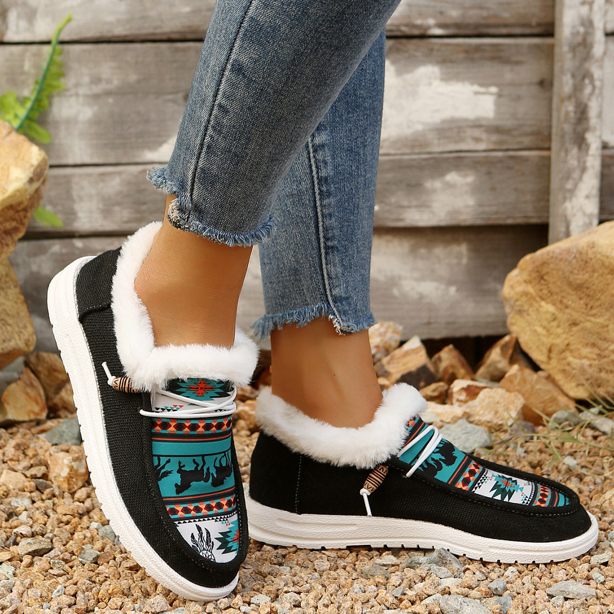 Women's Folklore Plush Flat Boots - Ethnic Print Lace-Up Winter Snow Shoes with Cozy Fleece Lining- US(5-10.5)