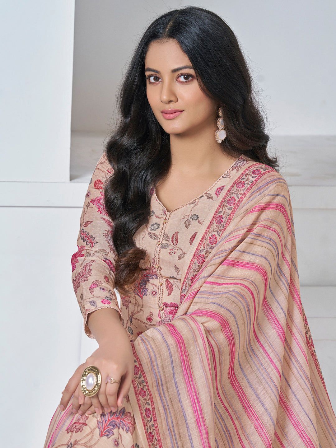 BEIGE PRINTED WITH LACE WORK STRAIGHT KURTA WITH DYED TROUSERS AND PRINTED DUPATTA