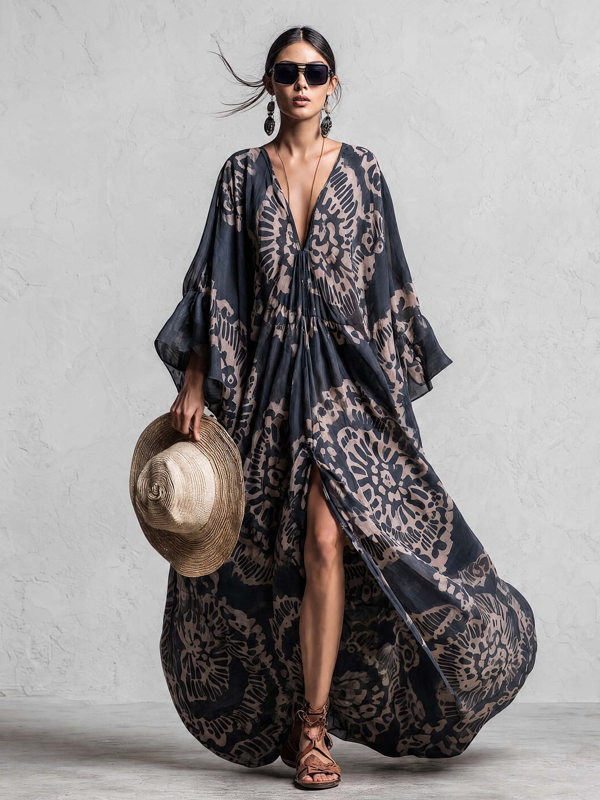 Elegant And Flowing Retro Print V-neck Dark Blue Chiffon Slit Maxi Dress  - By Qivii