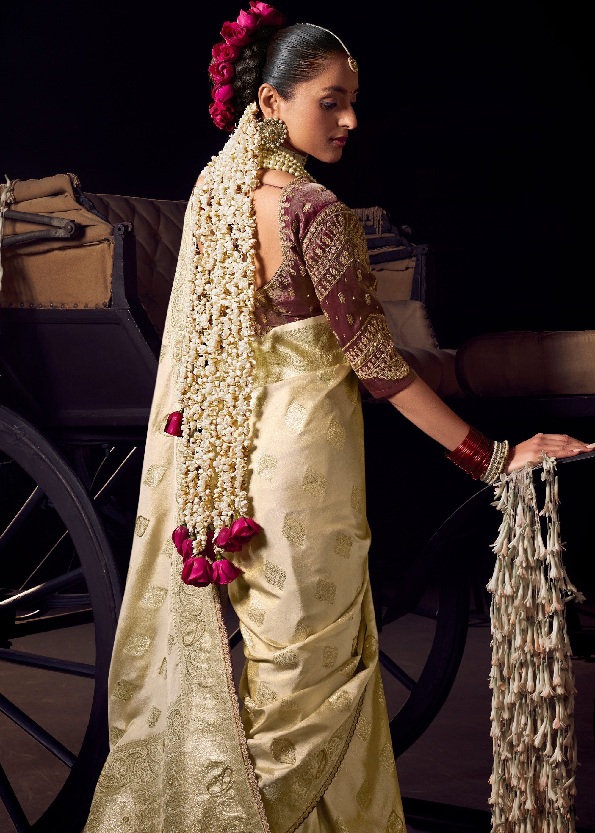 Pearl White Viscose Tissue Silk Saree with Handworked Pallu And Contrast Designer Blouse - qivii