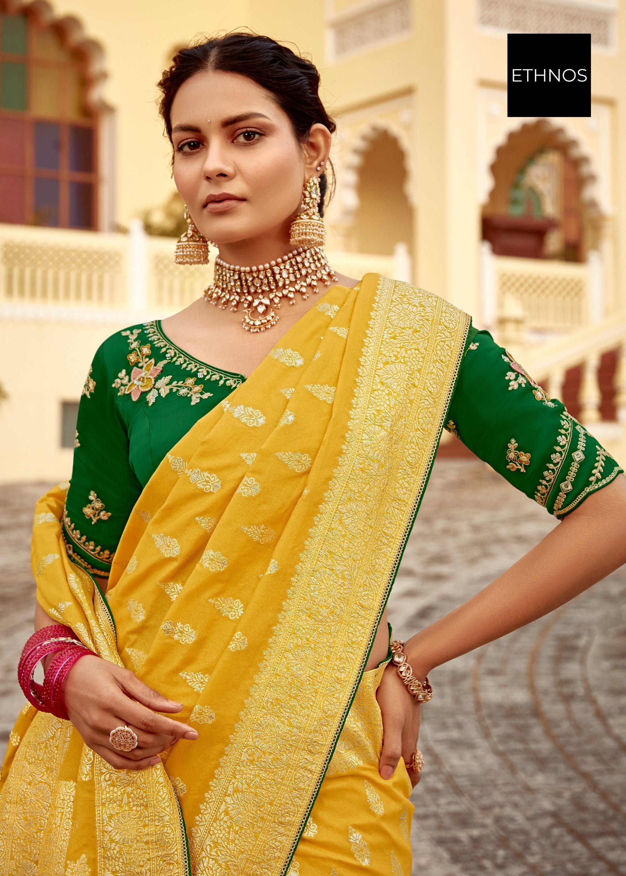 Canary Yellow Dola Silk Saree Embellished With Weaving Work And Heavy Embroidered Blouse - qivii