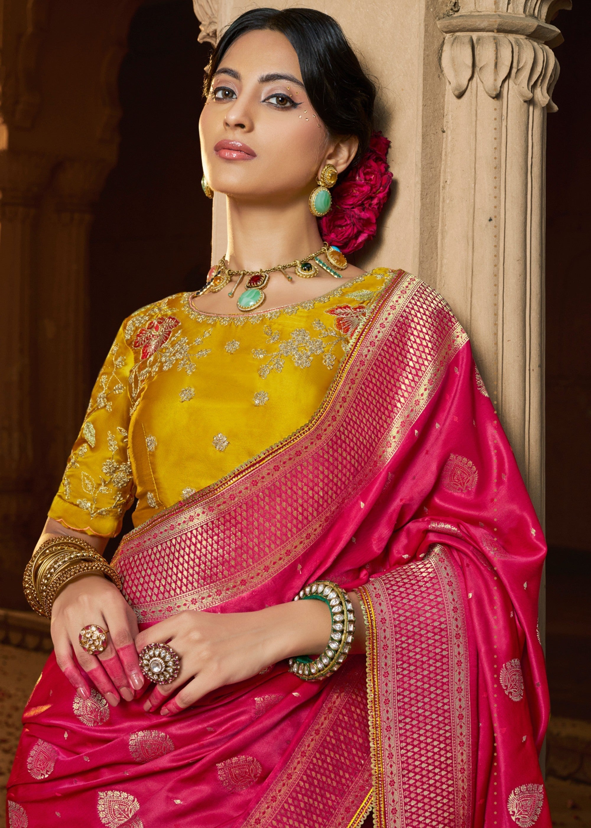 Rani Pink Satin Silk Saree With Beautiful Lace Border And Heavy Designer Embroidered Blouse - qivii