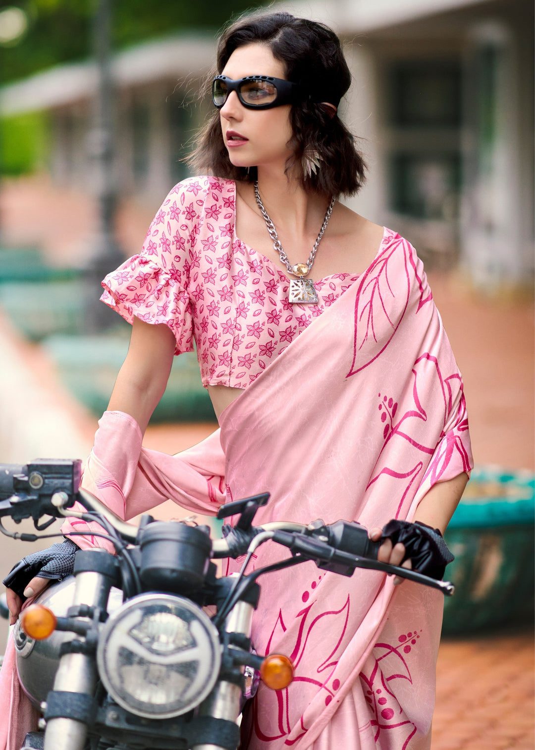 Light Pink Printed Satin Silk Saree