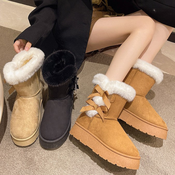 Women's Bow-Knit Cozy Winter Boots - Shearling Lined Chunky Platform Snow Boots (US 5-9.5)