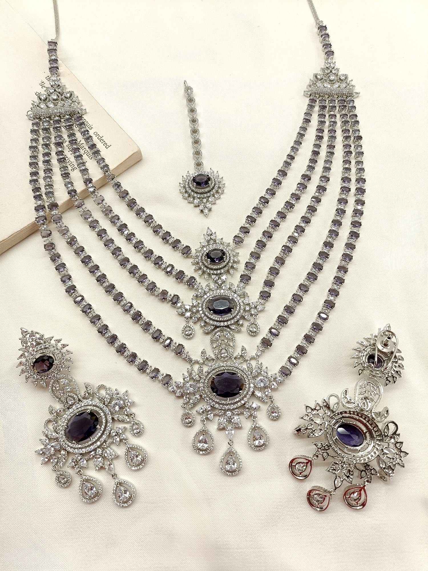 Takshvi Purple American Diamond Necklace Set - qivii