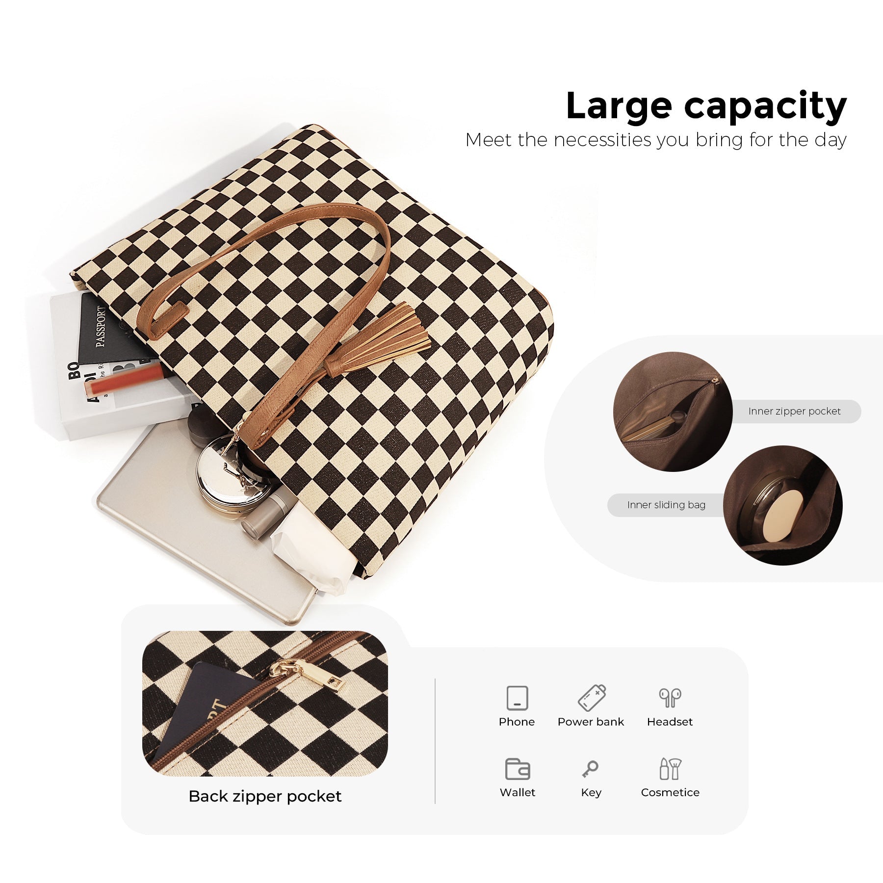 Ounamei Checkered Tote Bag for Women | Large Laptop Work Bag with Matching Pouch, Top Handle & Shoulder Carry