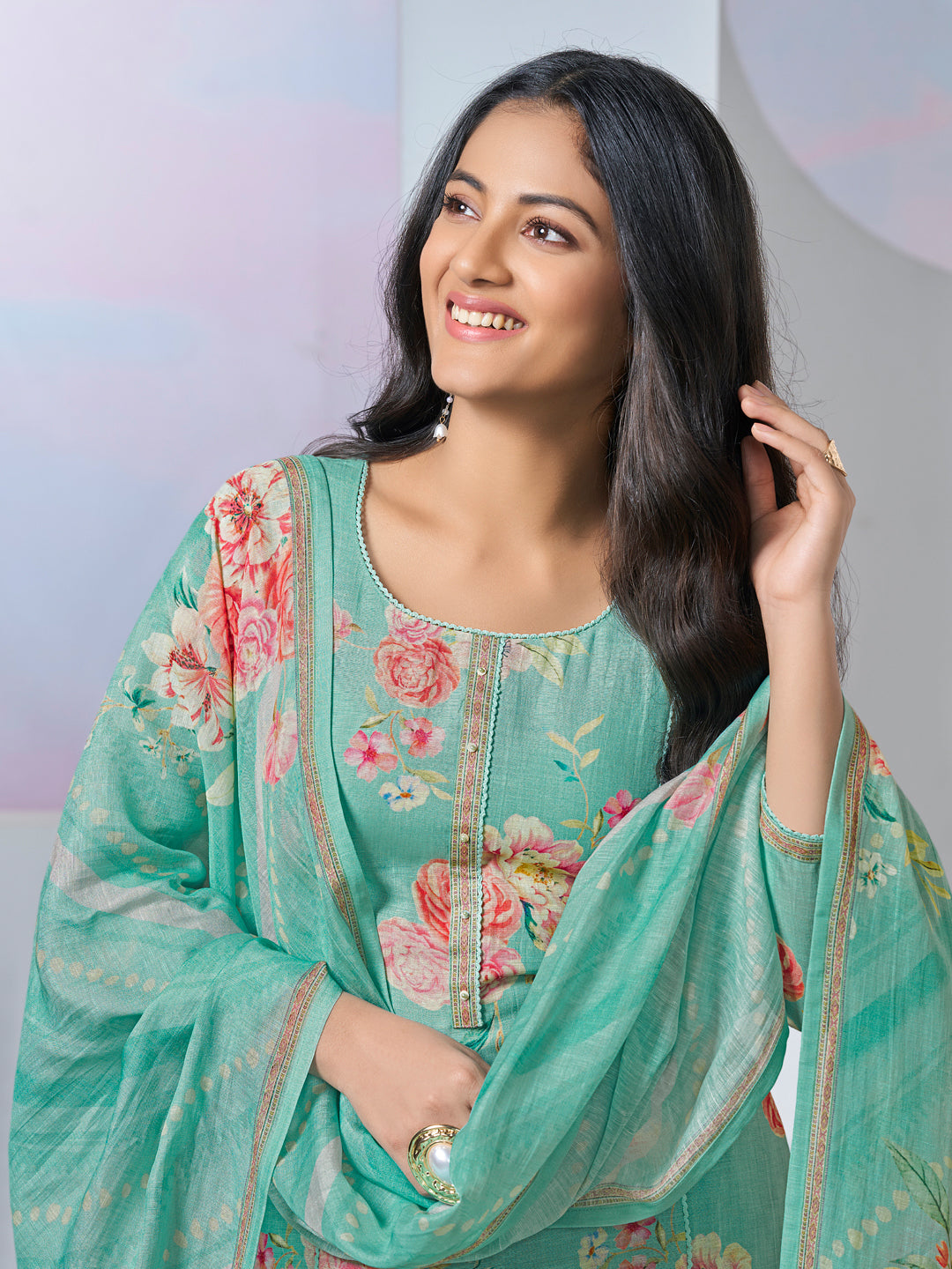 TURQUOISE PRINTED WITH LACE WORK STRAIGHT KURTA WITH DYED TROUSERS AND PRINTED DUPATTA
