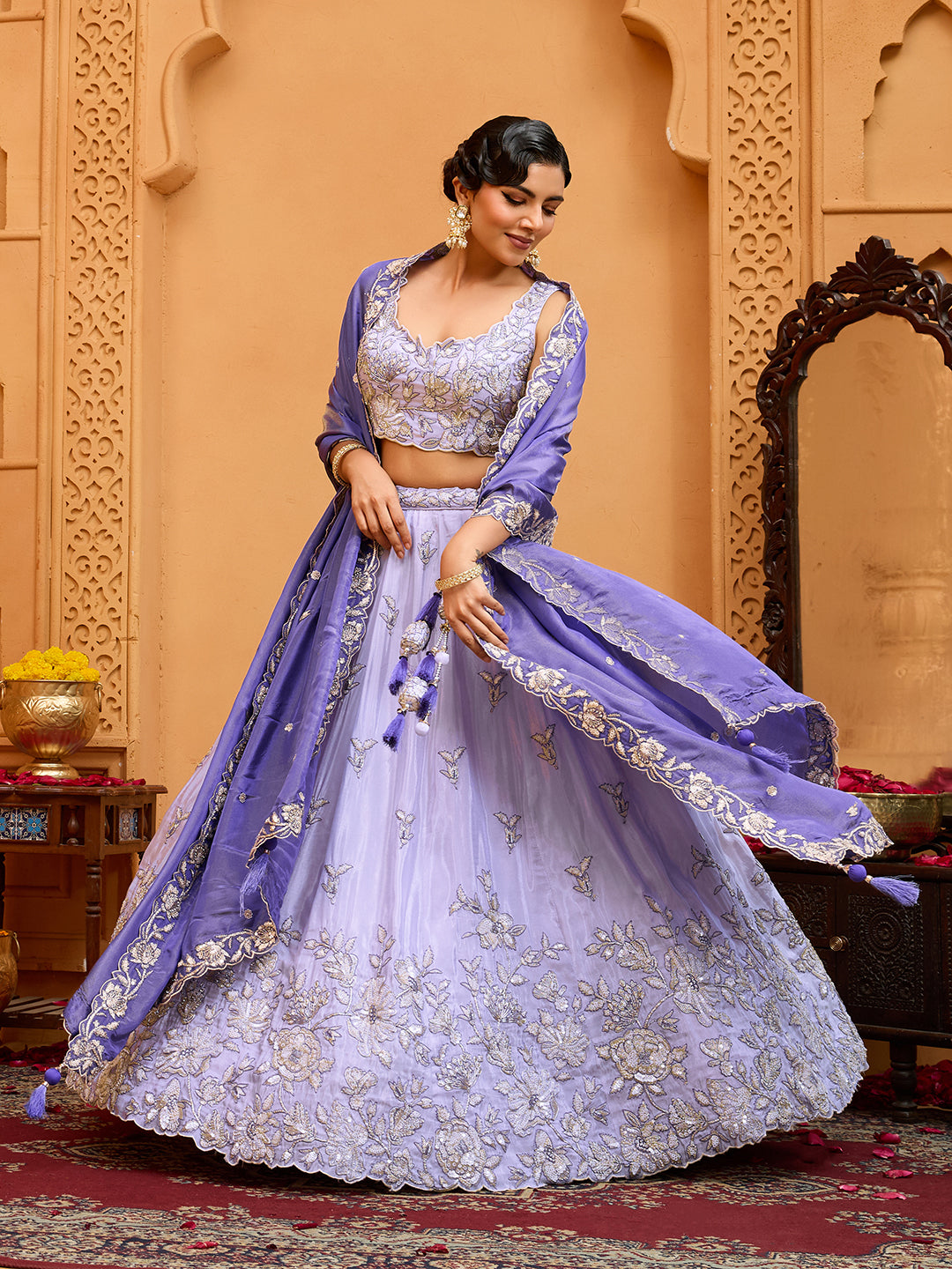 Lavender- Tissue Fabric Sequins embroidery Semi-Stitched Lehenga & Unstitched Blouse With Dupatta - qivii