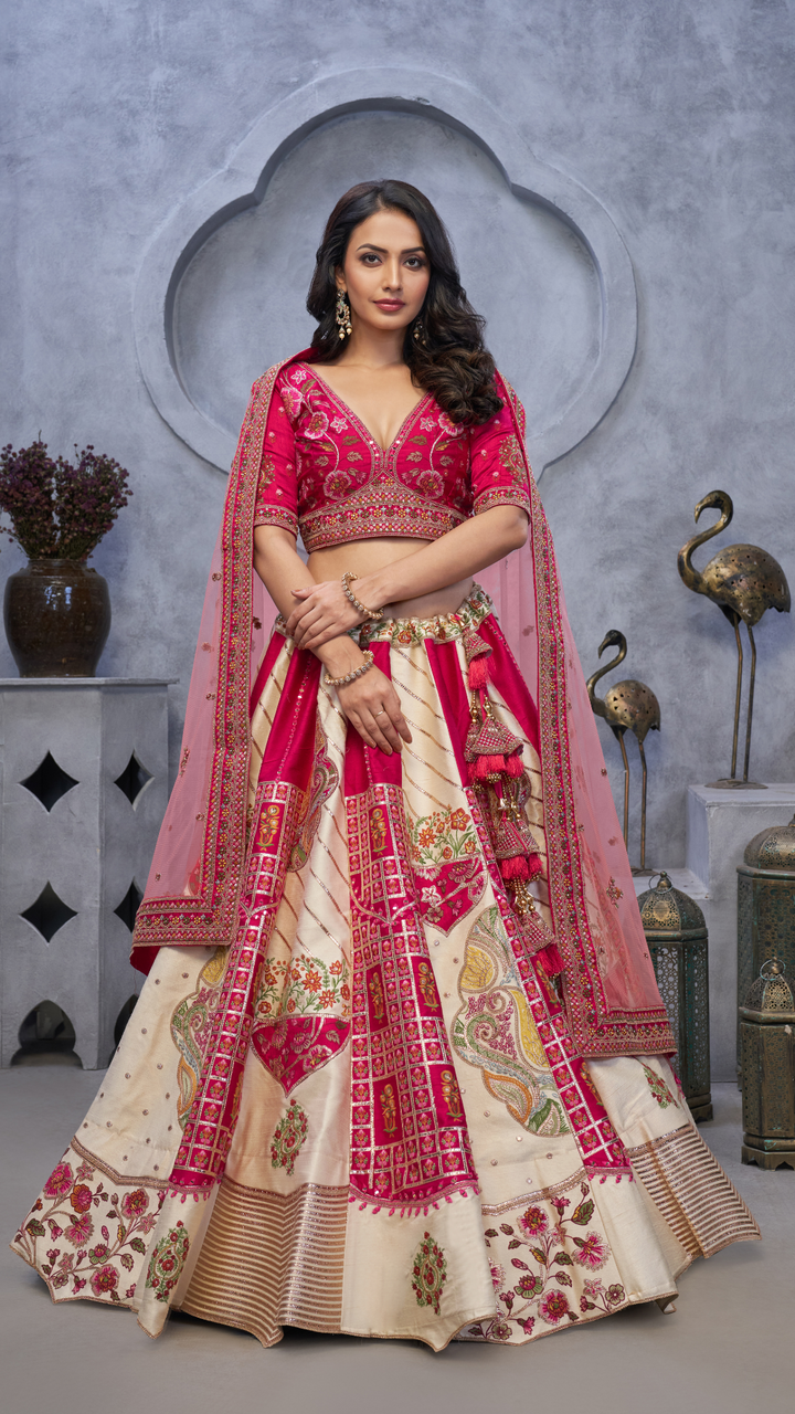 The Red and White Masterpiece Lehenga with Paisley Motifs and Sheer Pink Dupatta