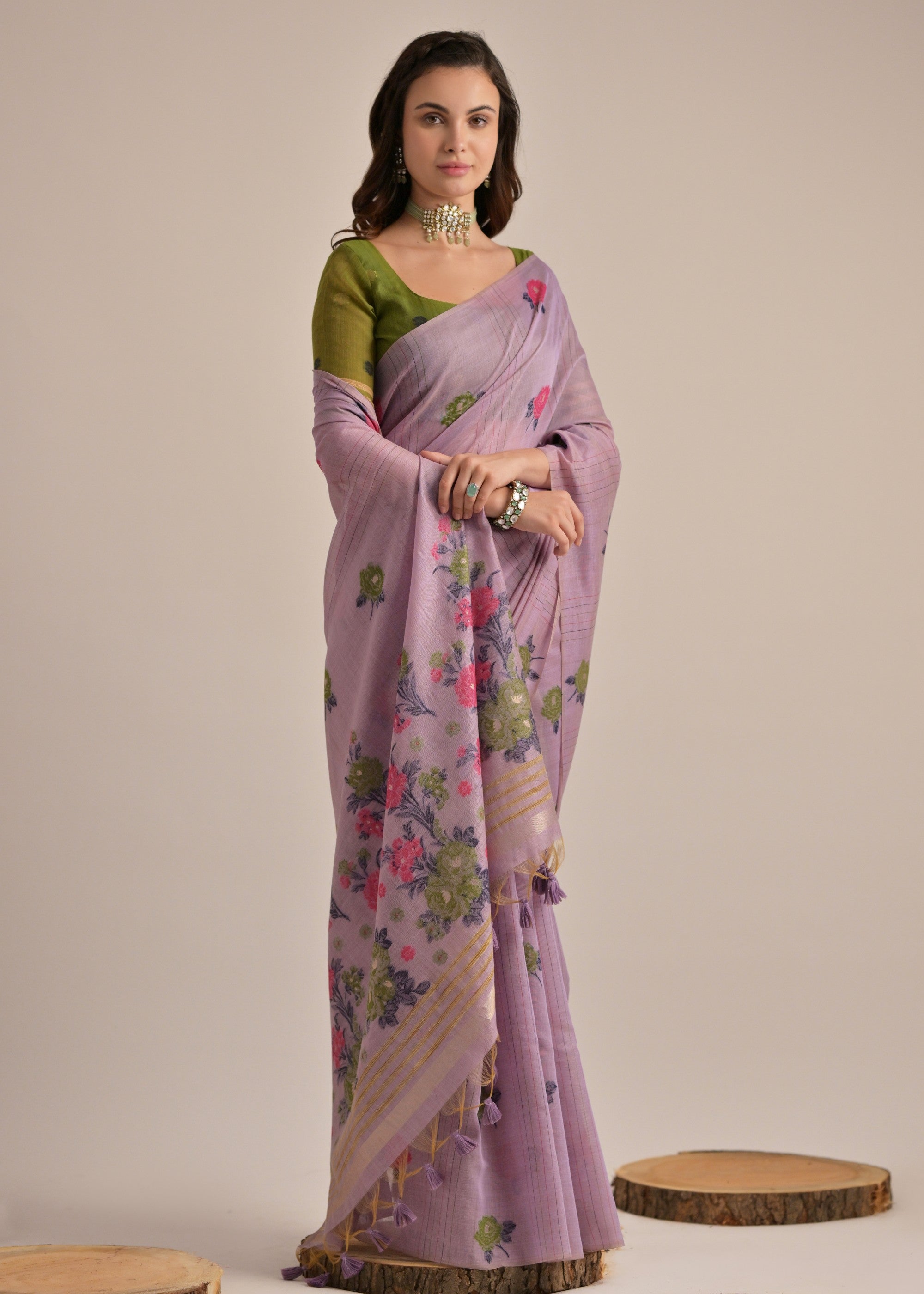 Thistle Purple Thread Woven Cotton Saree With Contrast Blouse - qivii