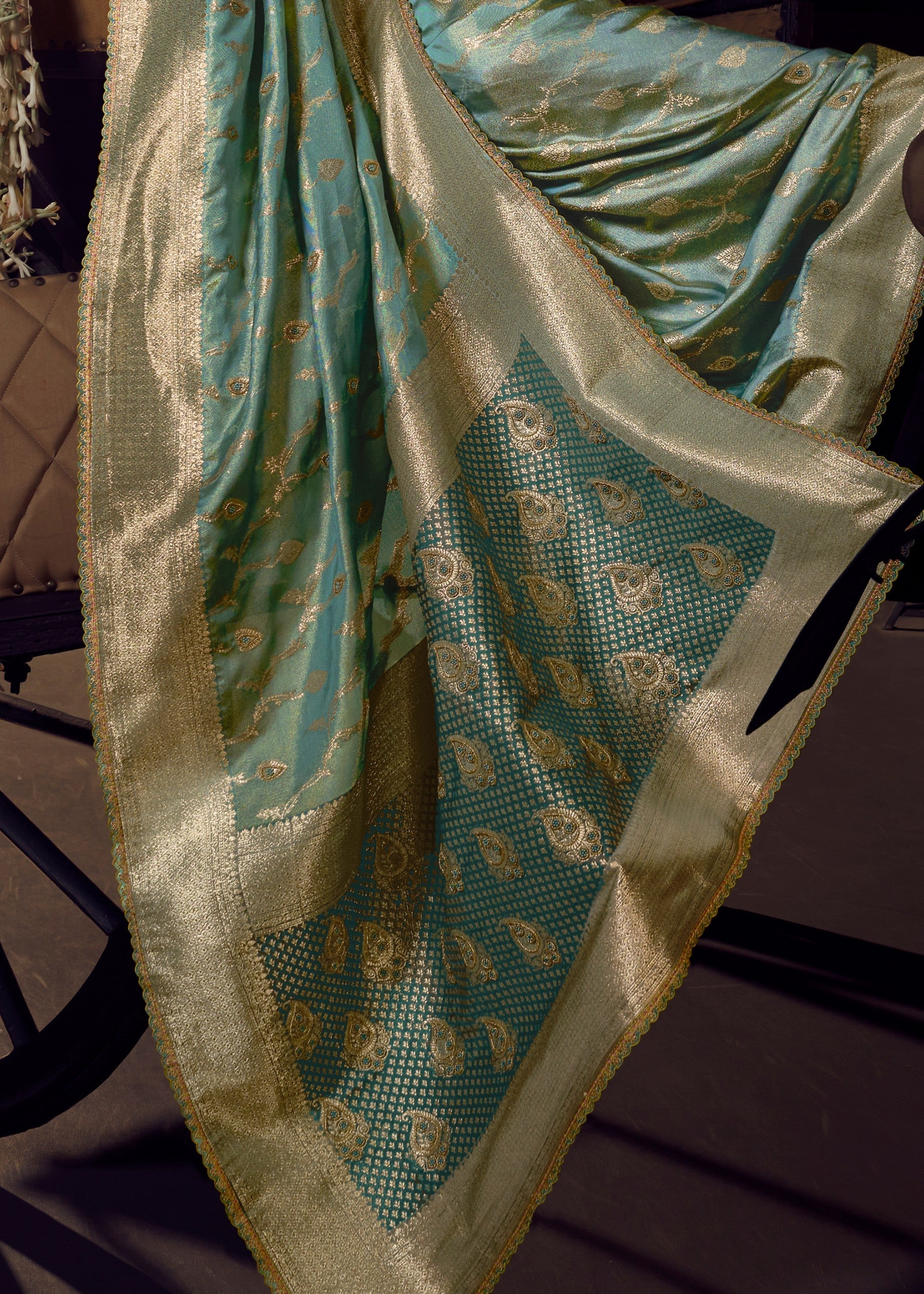 Frost Blue Viscose Tissue Silk Saree with Handworked Pallu And Contrast Designer Blouse - qivii