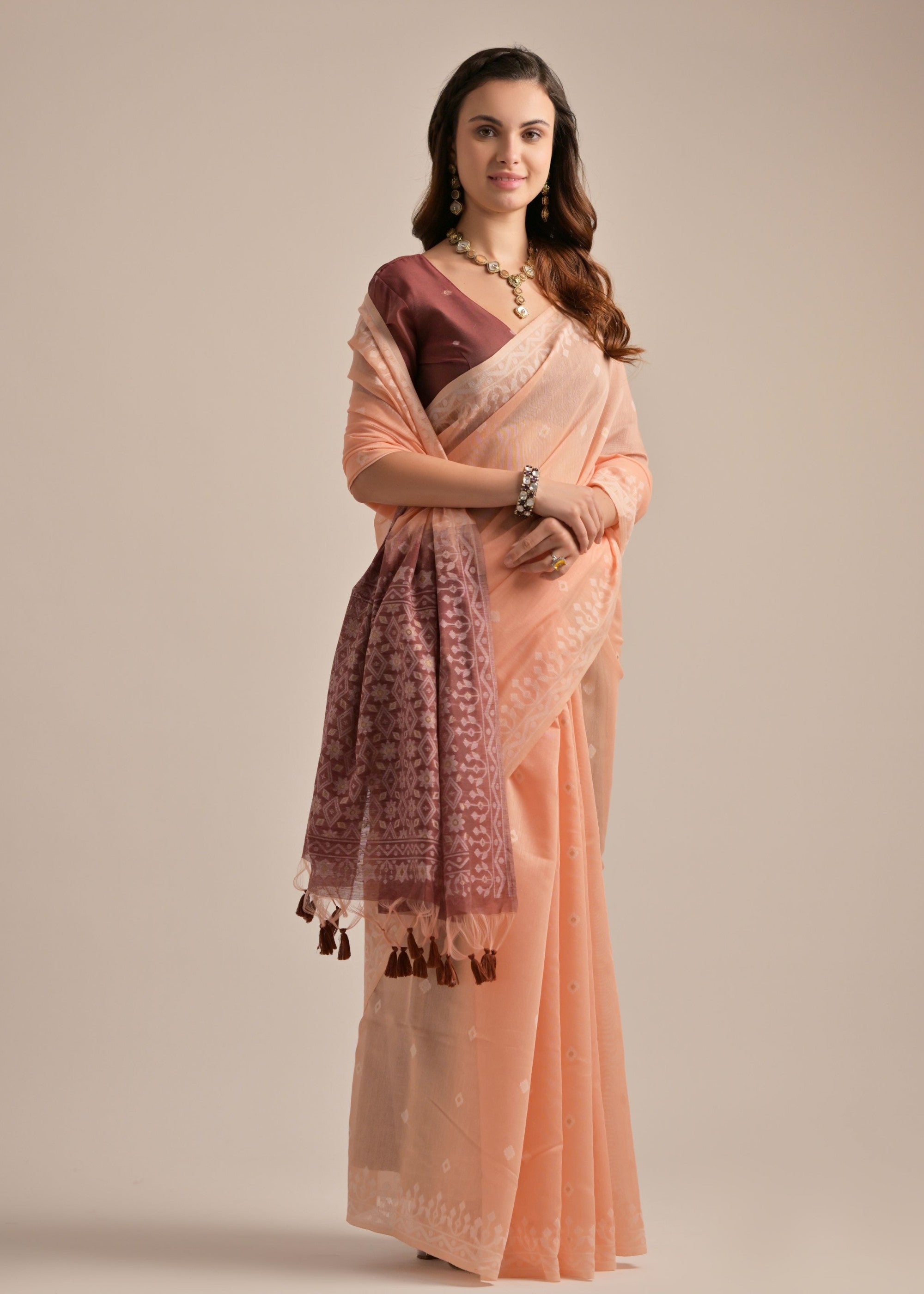 Peach Thread Butti Lakhnawi Weaves Muga Cotton Saree With Contrast Pallu - qivii