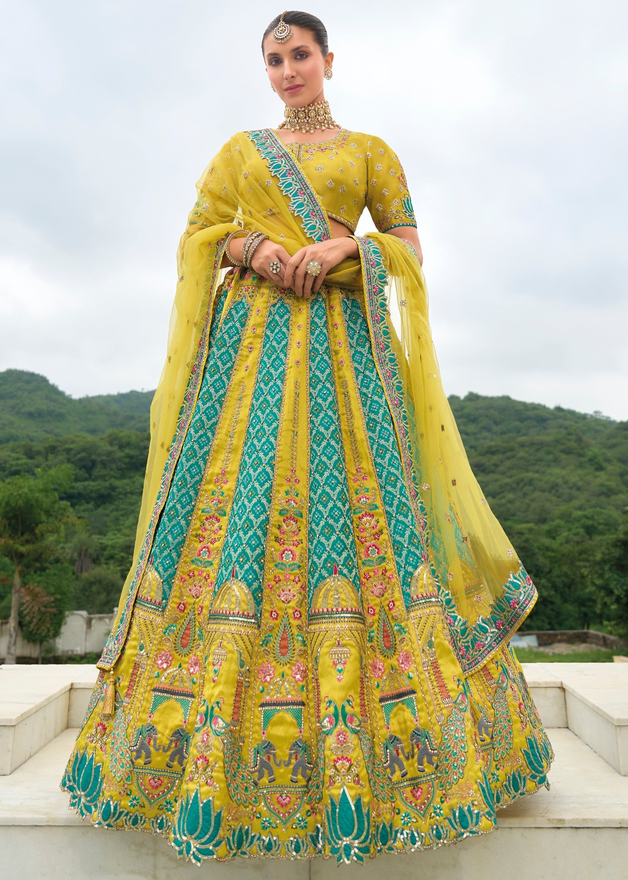Pear Green Banarasi Silk Lehenga With Heavy Embroidery Work | Ready To Wear - qivii