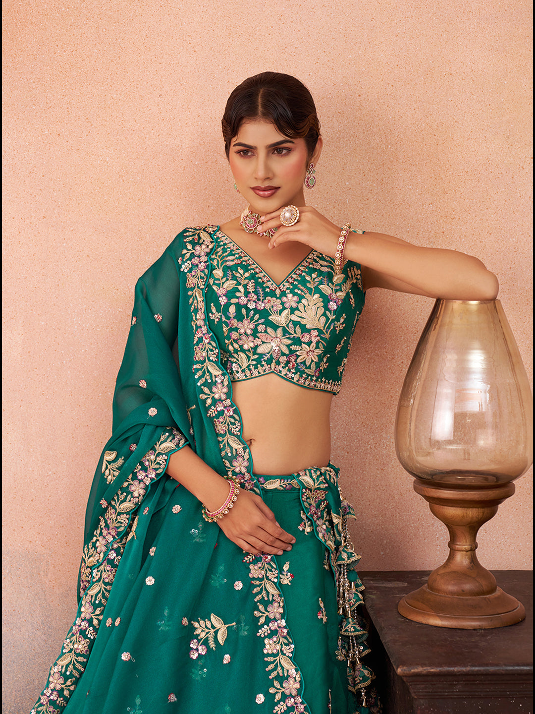 Green Tissue Sequined with Zari Embroidered Lehenga Set