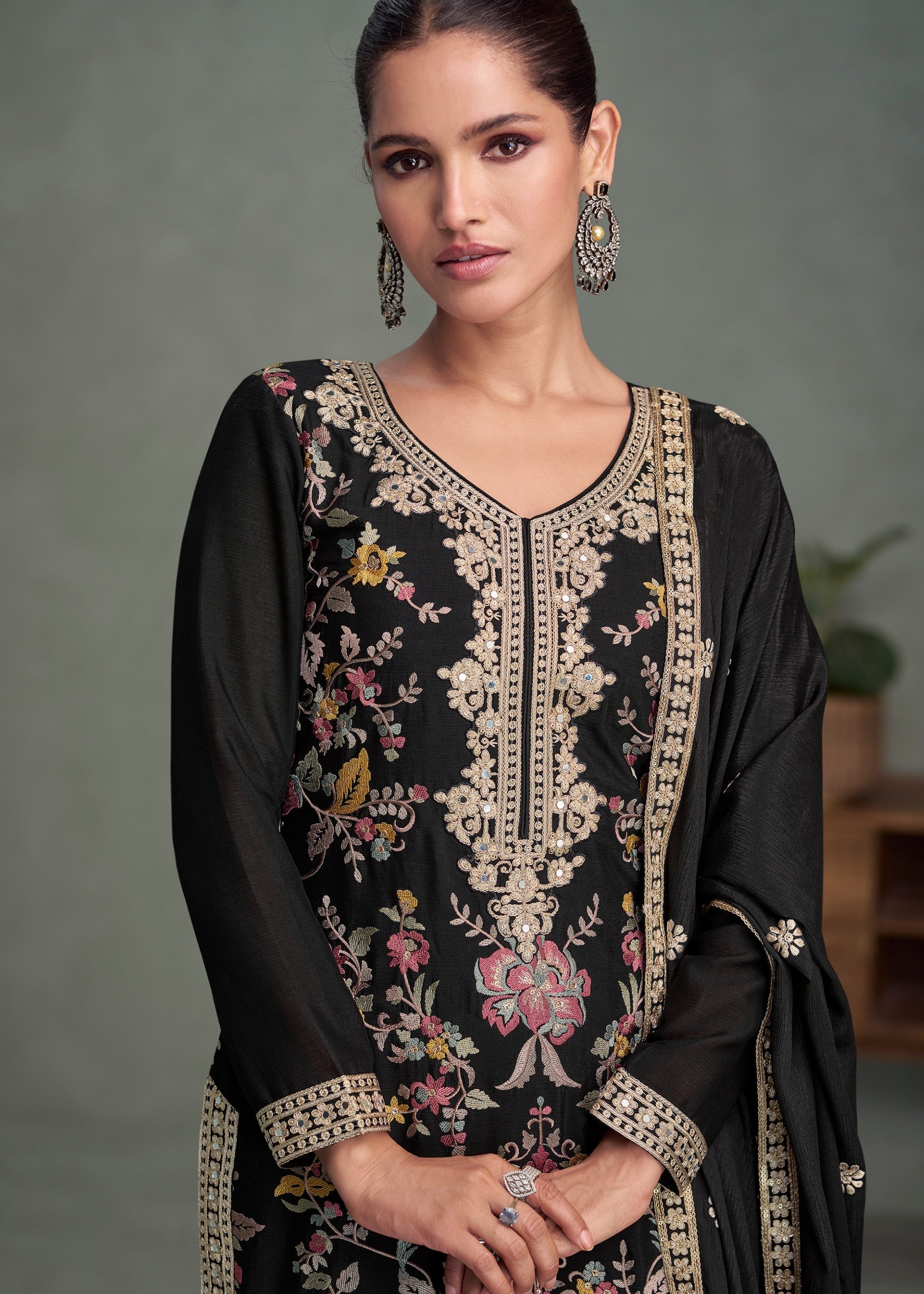 Black Premium Chinnon Silk Salwar Suit - qivii