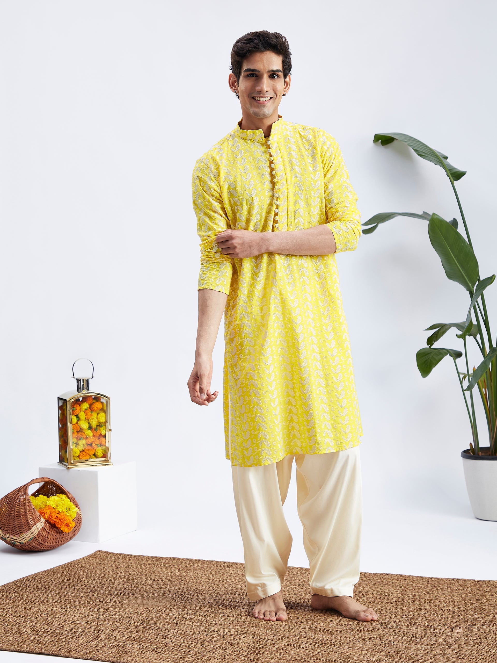 Men's Mustard Pure Cotton Chikankari Kurta With Patiala Set