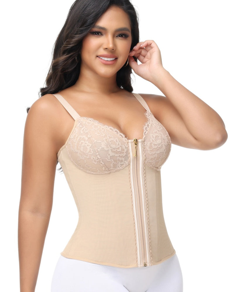 Shapshe® Deep V Lace Corset Top Trimmed Waist Trainer with Front Zipper  - By Qivii