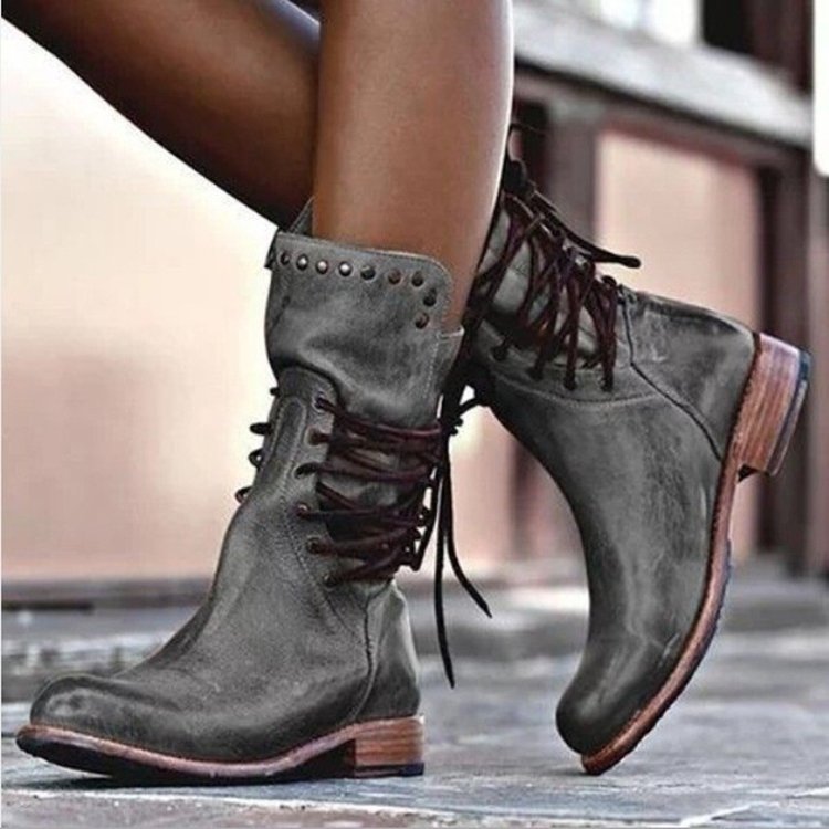 Women's Rivet Roma Boots - Side Lace Chunky Heel Mid Calf Boots (US 4-10.5)