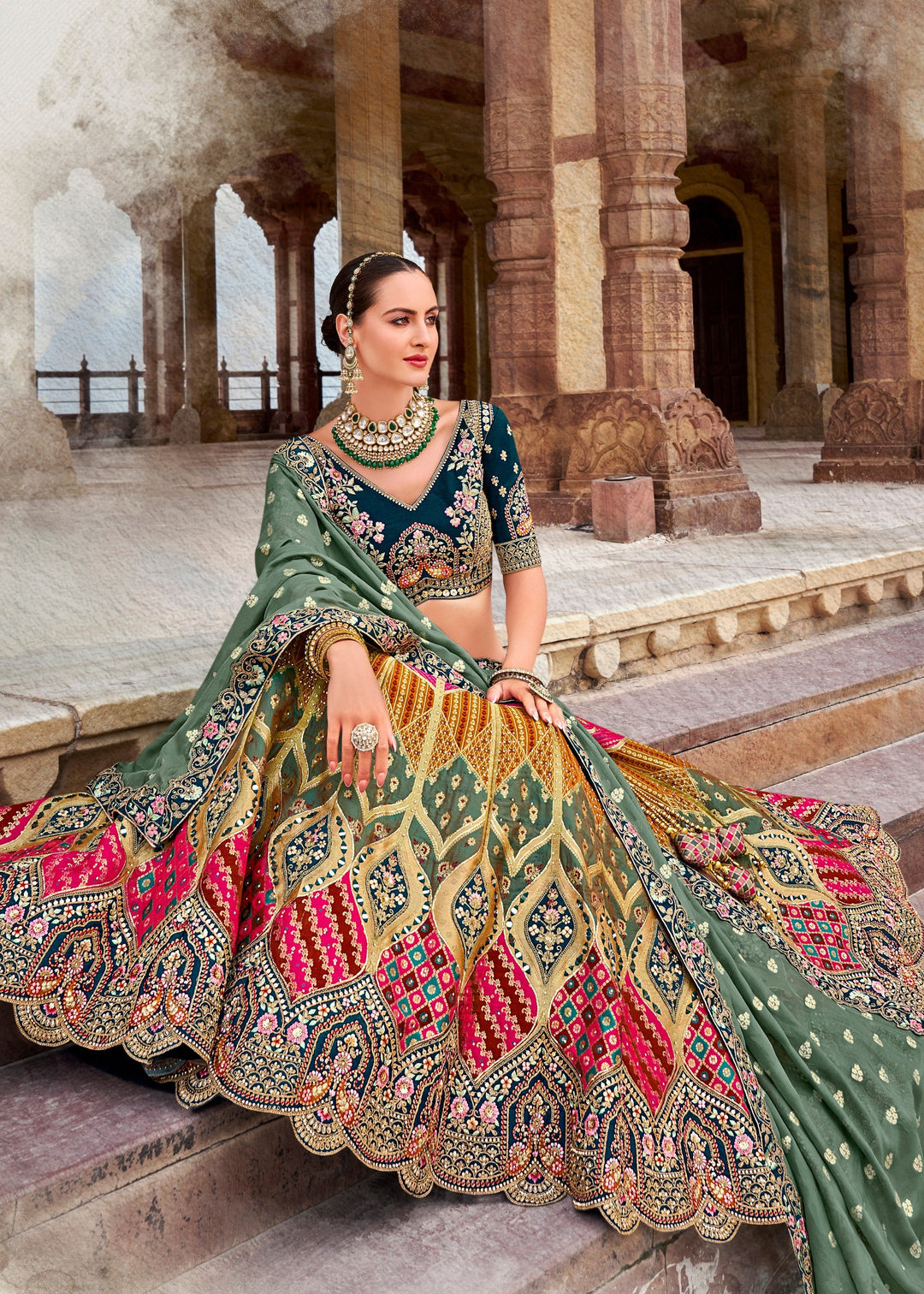 Pine Green & Blue Banarasi Silk Lehenga Choli with Zarkan, Sequence and Thread Work